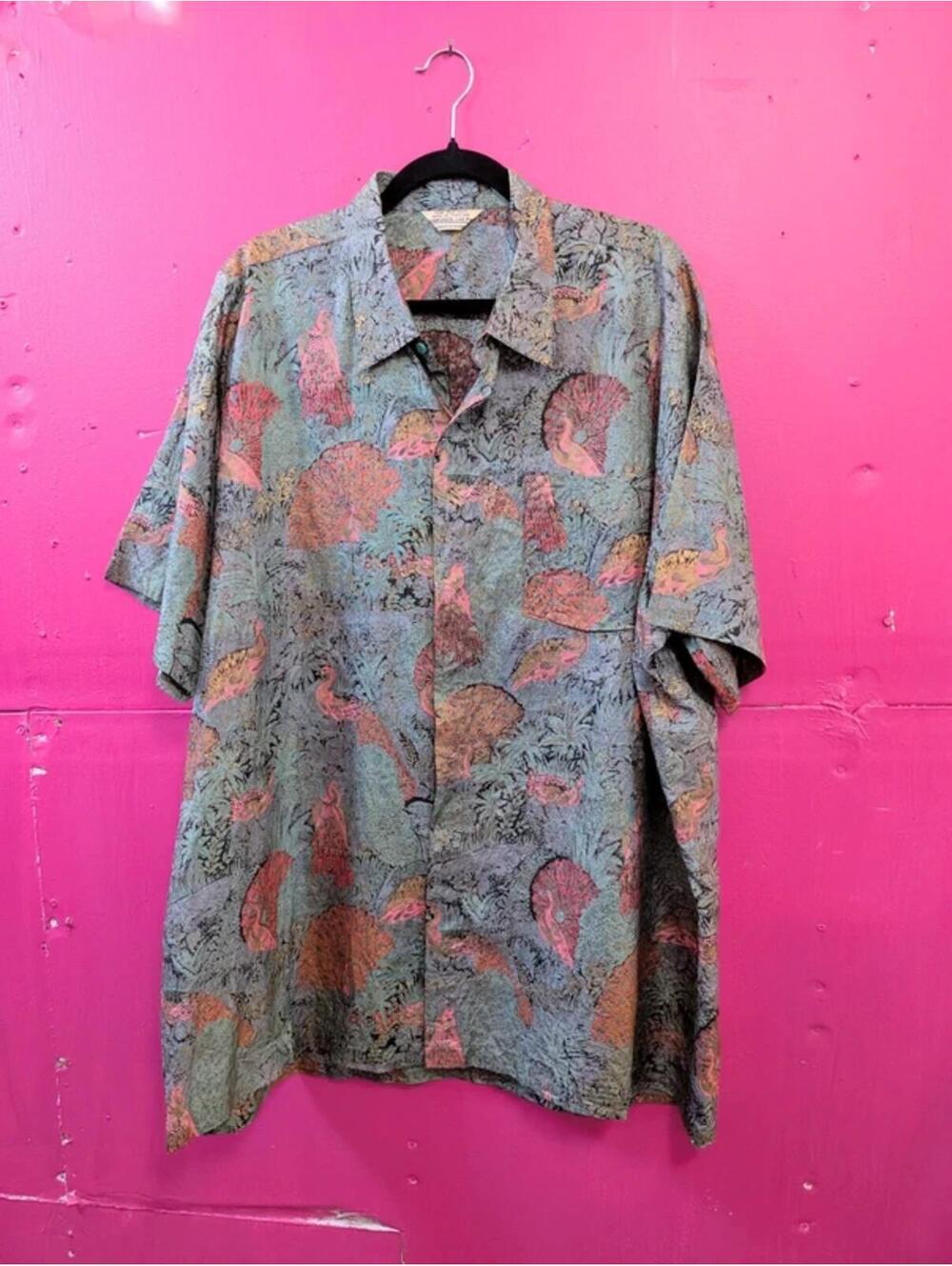 Men's Silk Peacock Print Summer Shirt XL